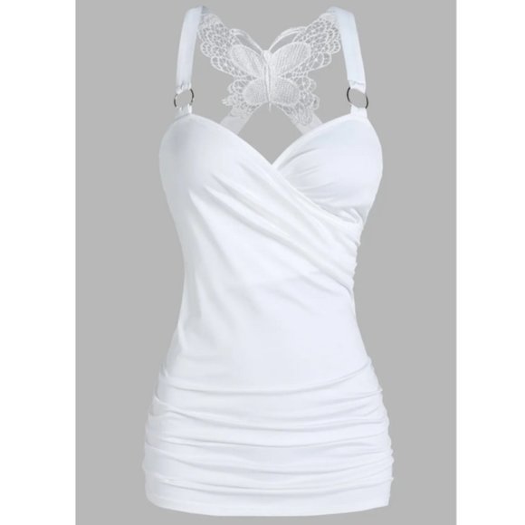 Dressfo Ruched Butterfly Lace Cross Surplice Tank Top in White Size XXXL NWT - Picture 1 of 9